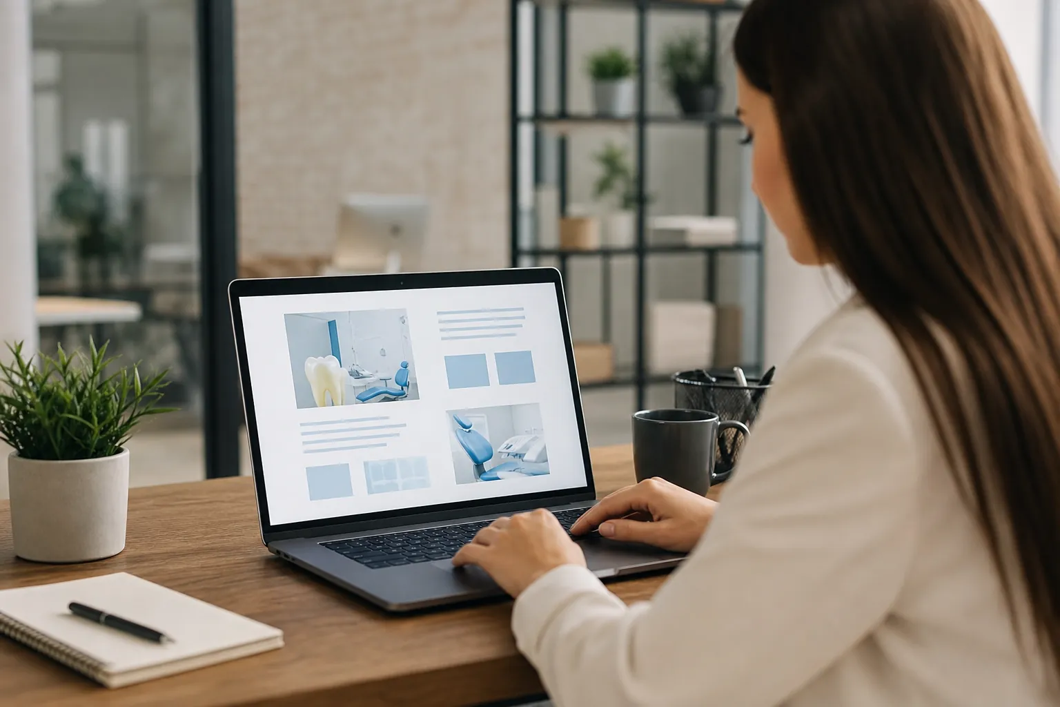 A woman uses a laptop displaying a dental webpage layout with tooth and dental chair images at a wooden desk.