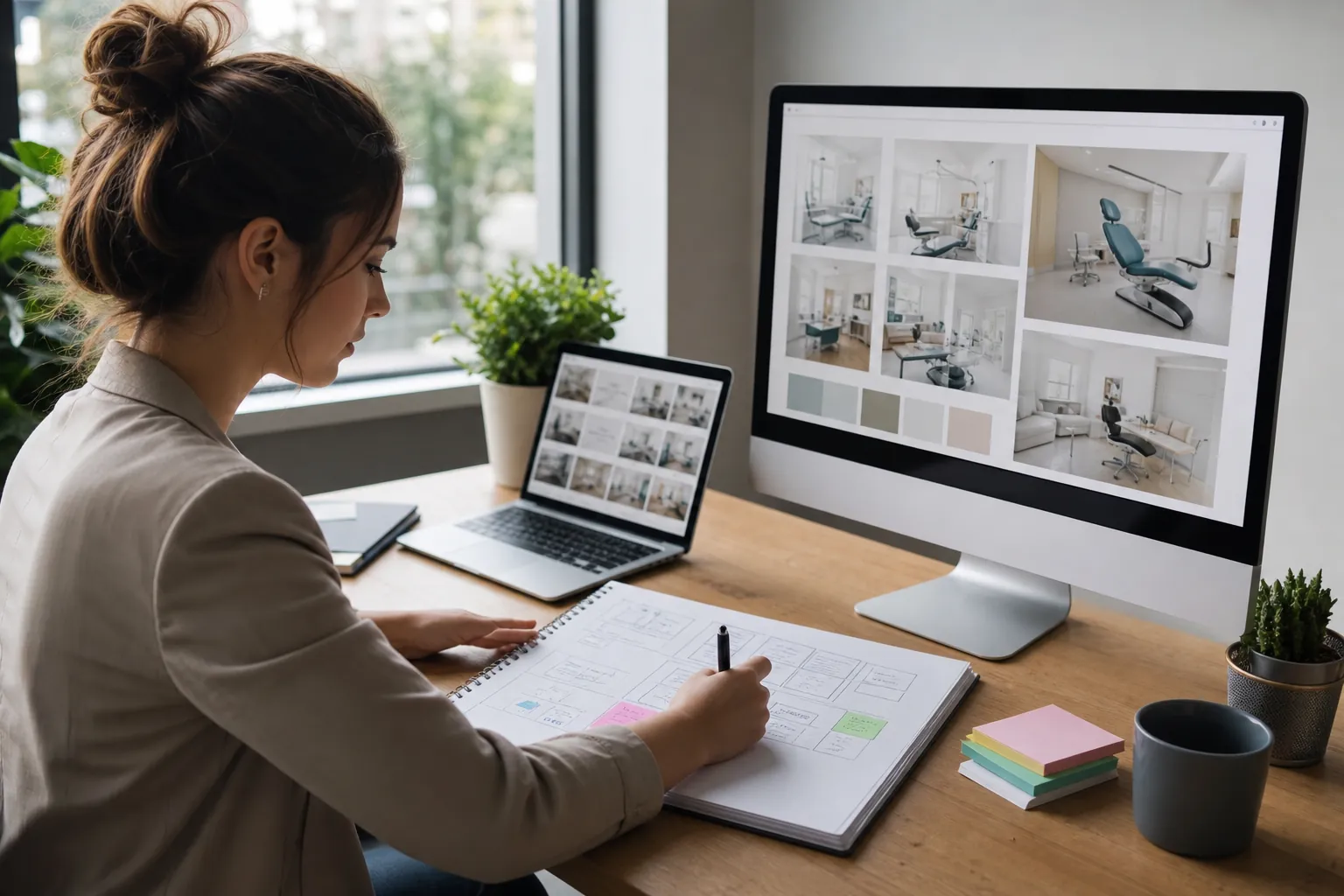 A woman sketches page layouts in a notebook beside a laptop and a desktop monitor displaying dental office interiors.