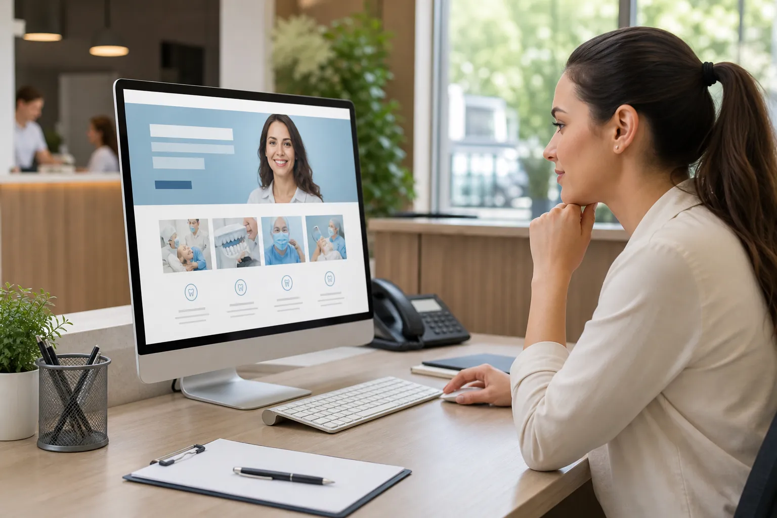 Woman at a desk viewing a dental website layout with a dentist portrait, treatment photos, and tooth icons on a monitor.