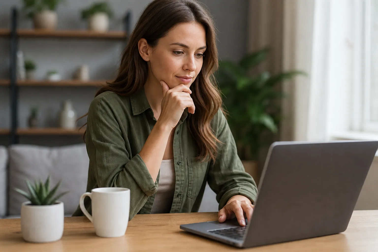 A woman in a green shirt rests her chin on her hand while using a laptop at a wooden table beside a white mug and potted plant.