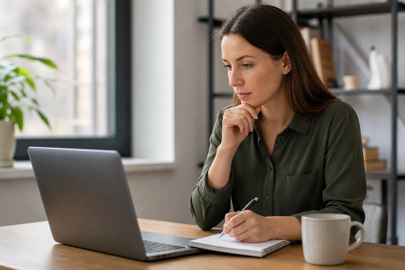 Woman looking at a laptop with one hand beneath her chin and a pen poised over a spiral notebook, beside a mug.