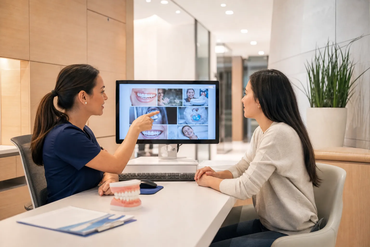 A dental professional points to dental images on a monitor while a patient sits across a desk with a model of teeth.