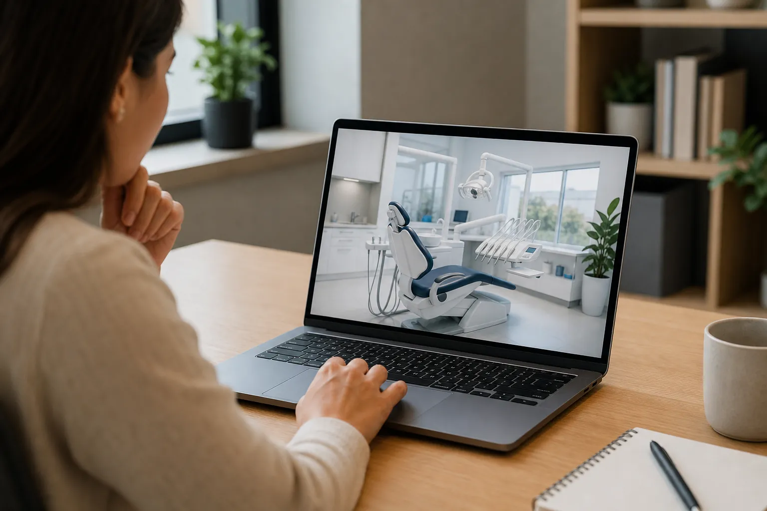 A woman at a wooden desk views a dental treatment room with a dental chair and equipment on her laptop screen.