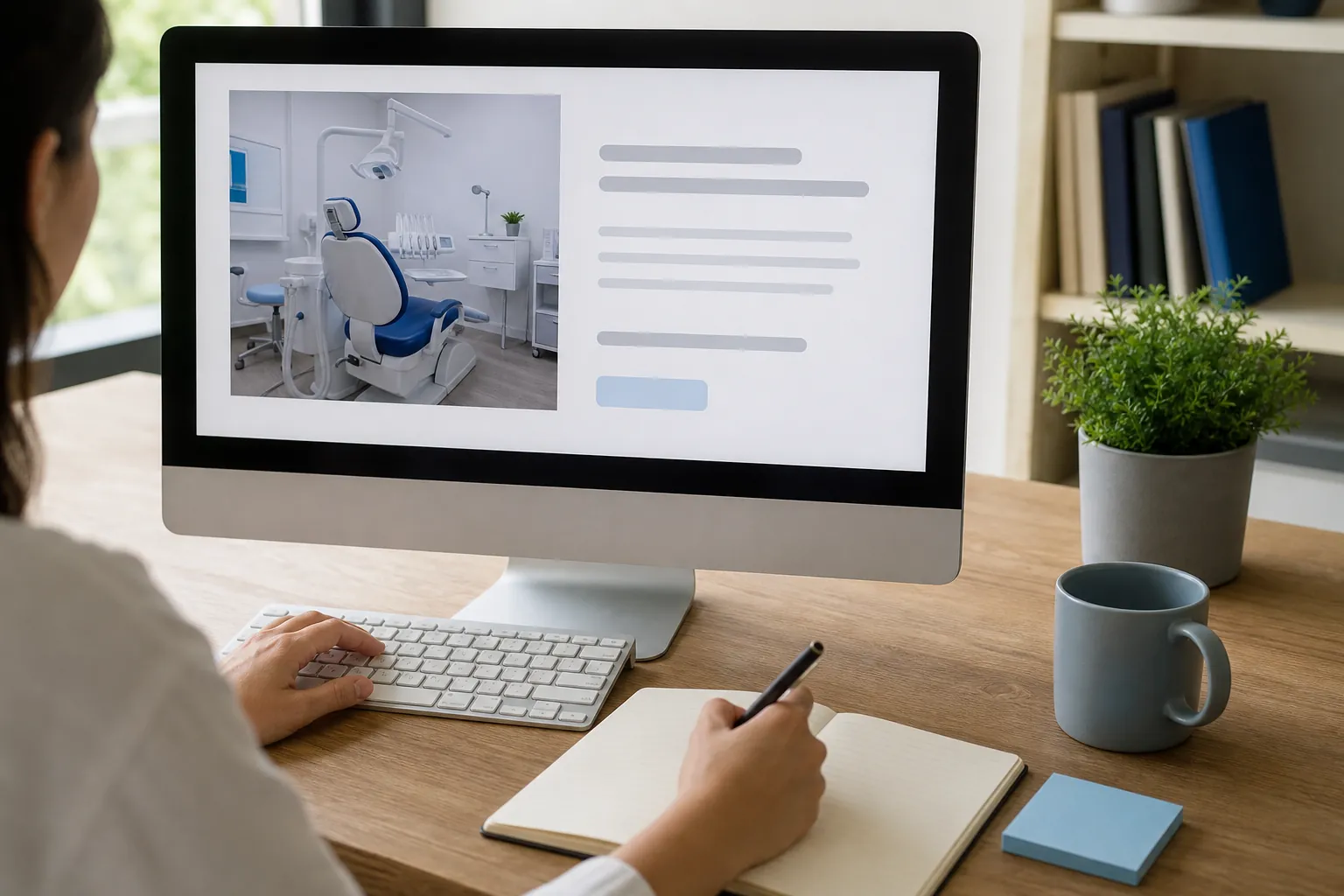 Person taking notes beside a keyboard while a desktop monitor displays a dental chair photo and gray placeholder lines.