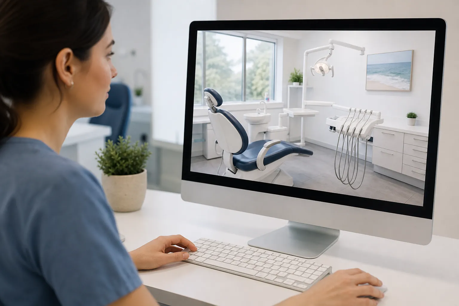 Woman in blue scrubs views a dental treatment room with a chair, overhead light and instruments on a desktop monitor.