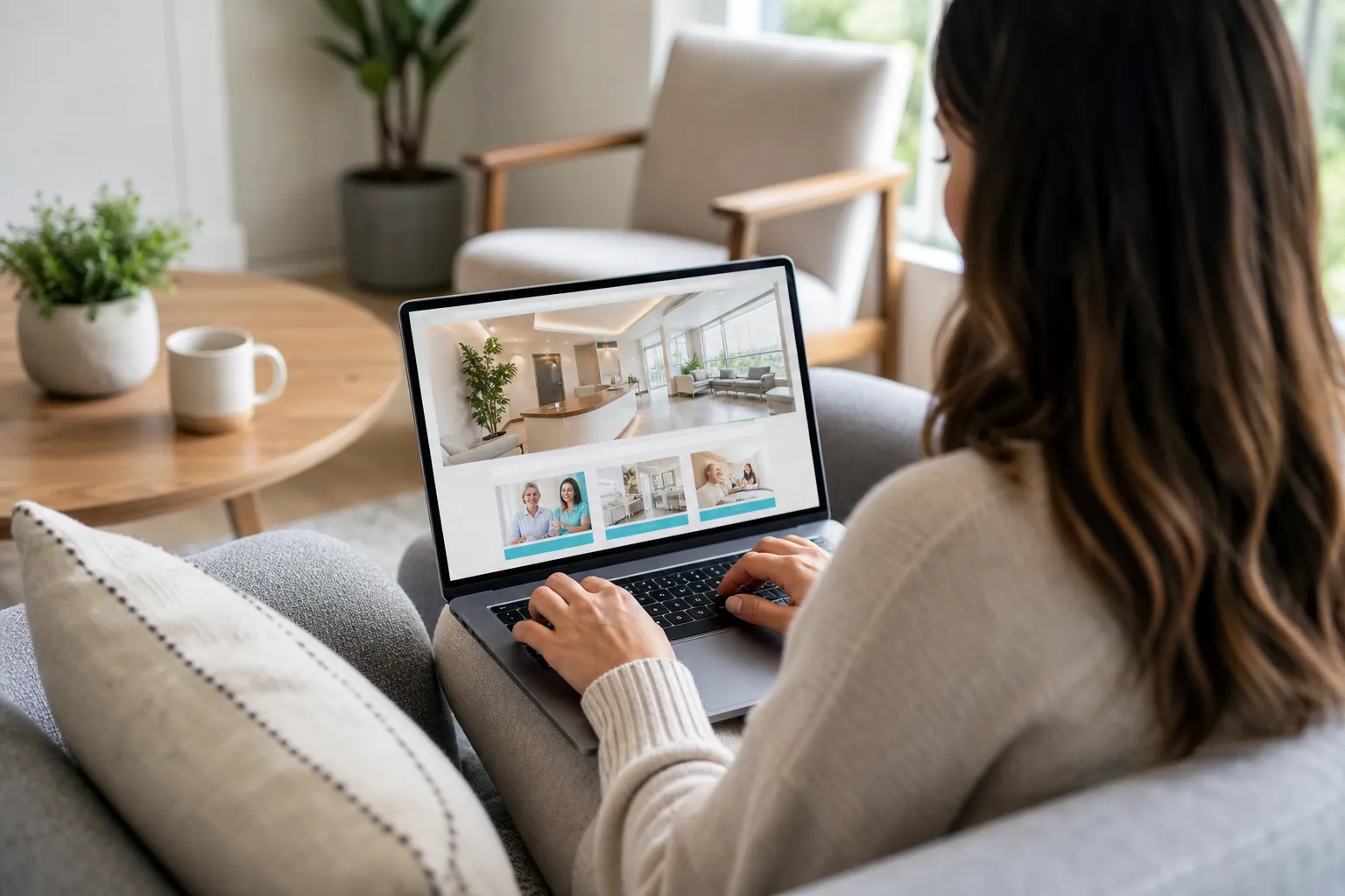A woman seated on a gray sofa uses a laptop displaying a dental website with reception and patient photos.