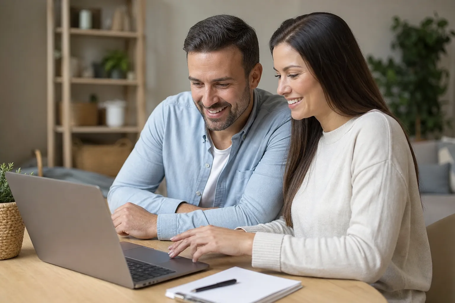 A smiling man and woman look at a laptop together at a wooden table with a notebook, pen, and small potted plant.