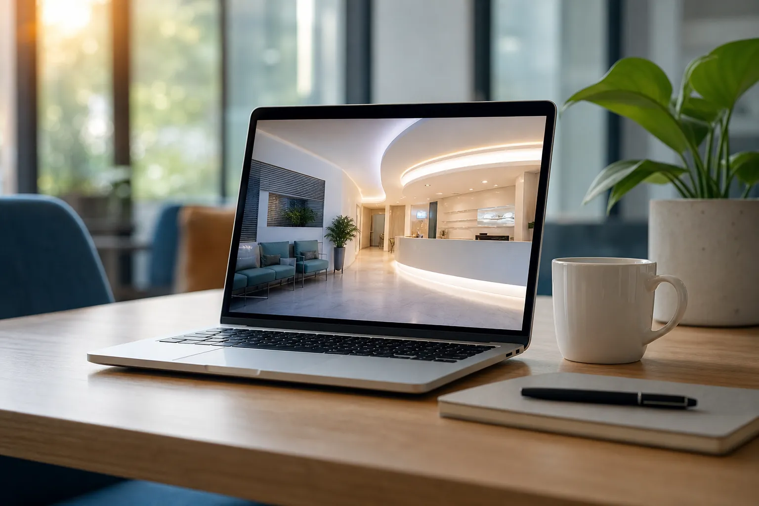 Laptop displaying a modern clinic reception area on a wooden table beside a white mug, notebook, pen, and potted plant.