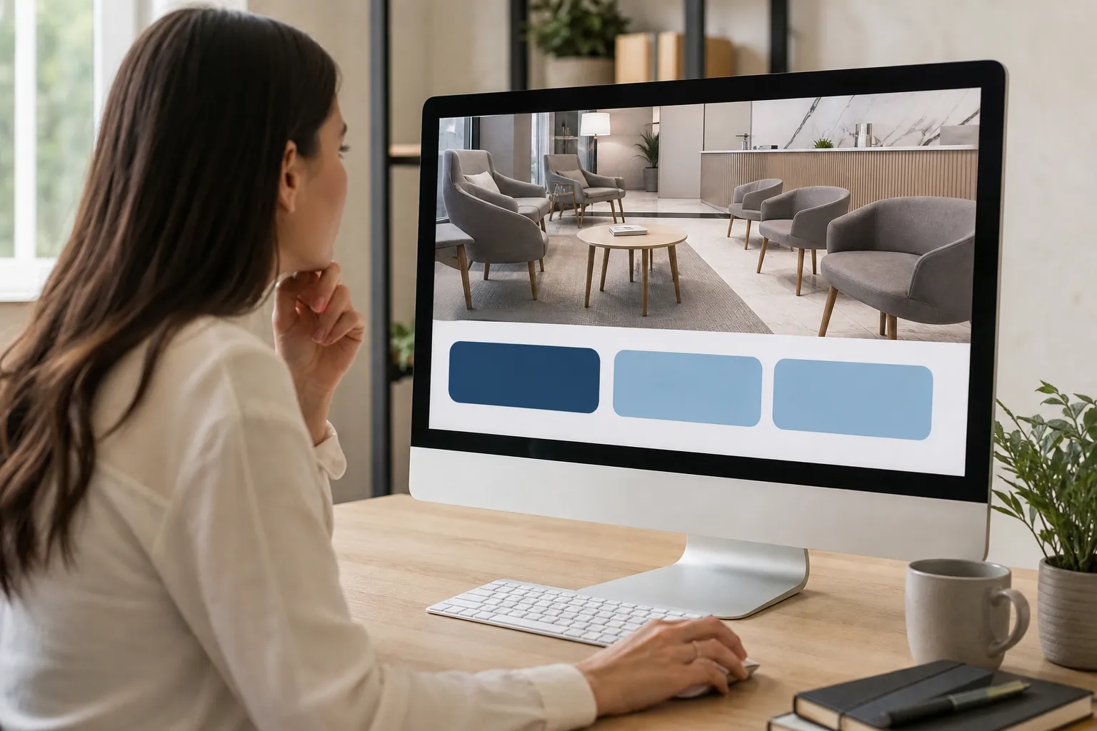 Woman Viewing a Website With Unlabeled Booking Buttons A woman views a desktop website showing a reception waiting room above three large, unlabeled blue buttons.