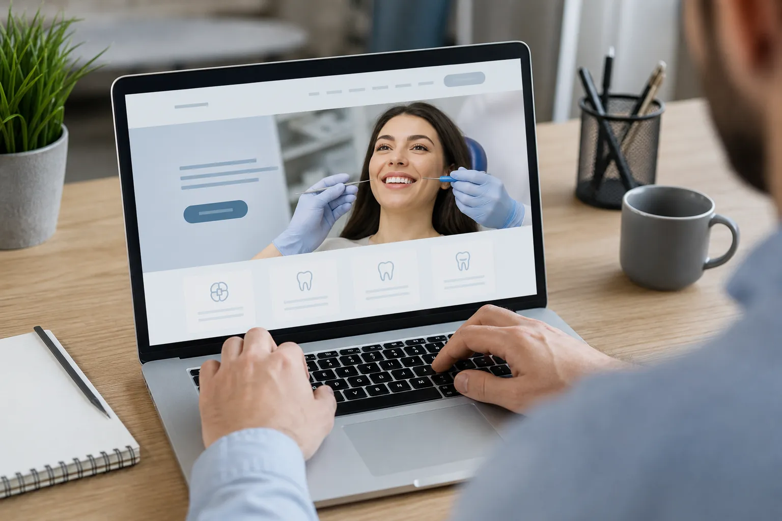 Dental Website Layout on a Laptop Screen A person uses a laptop showing a dental website layout with a smiling patient, gloved hands, tooth icons, and a prominent button.