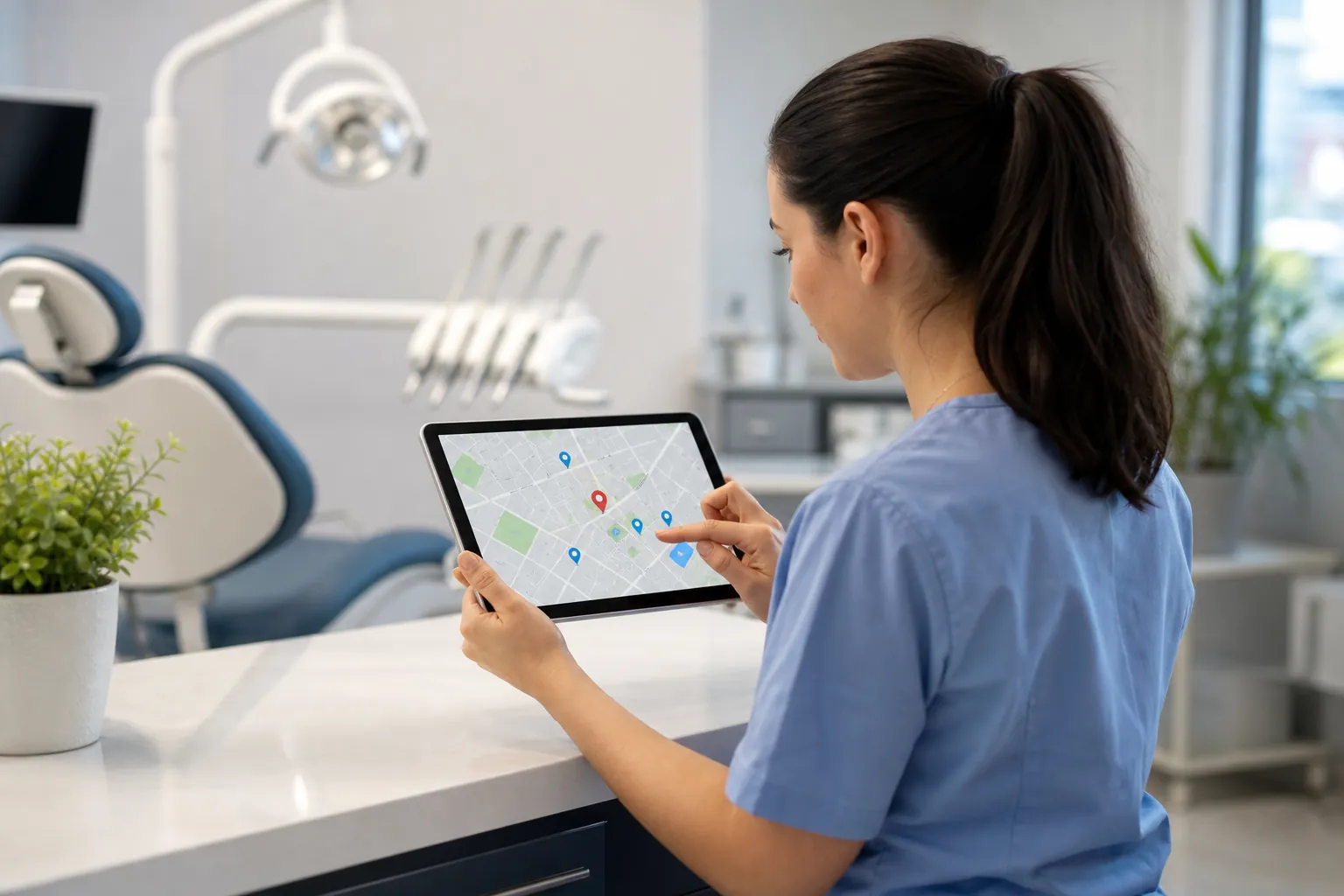A woman in blue scrubs points to location pins on a tablet map beside a dental chair in a bright dental office.