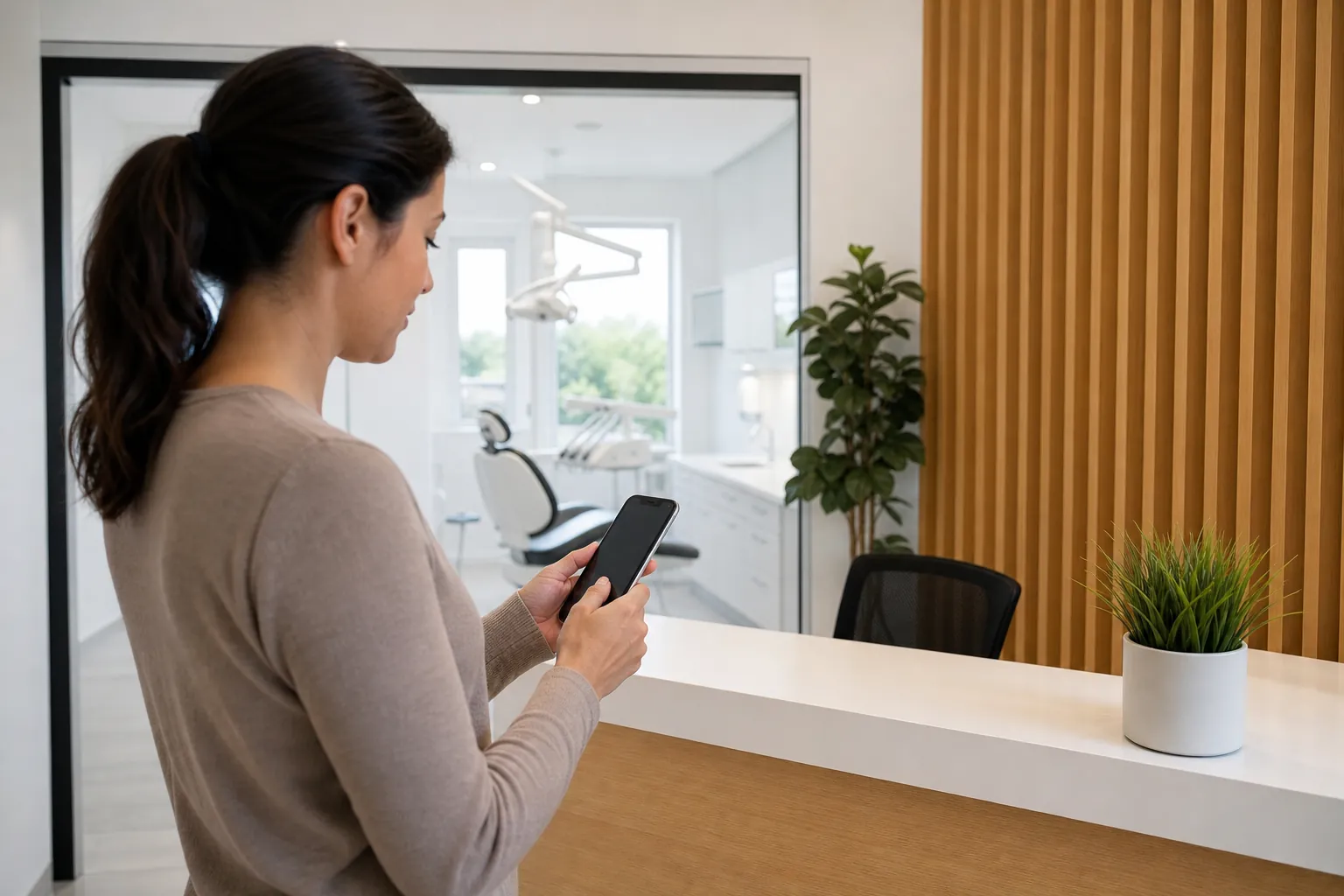 Woman Using a Smartphone at a Dental Reception A woman holds a smartphone at a dental reception counter, with a dental chair visible through a glass doorway.