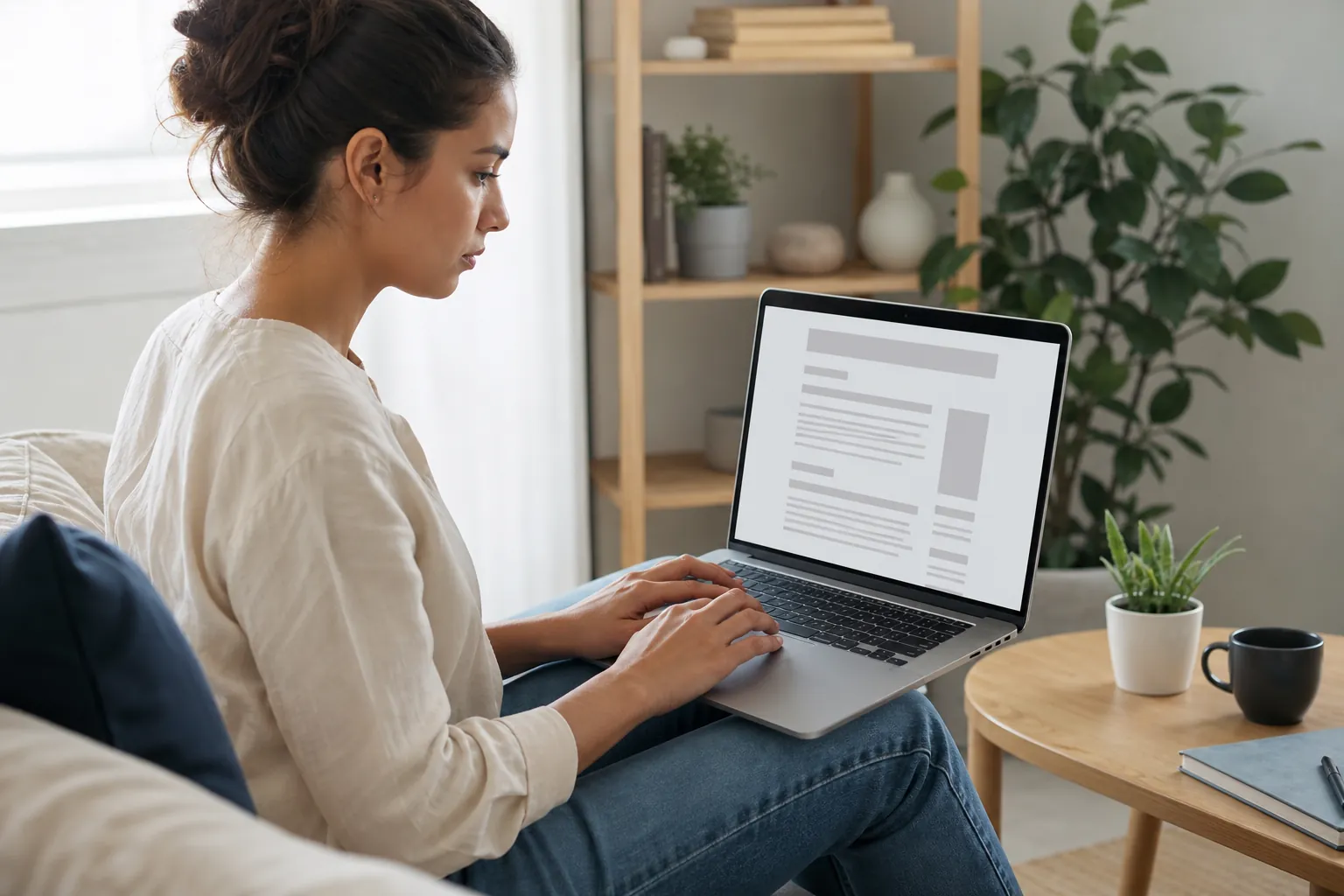 Woman Reviewing a Scannable Web Page Layout Woman working on a laptop displaying a clean, scannable web page layout while seated in a bright living room.