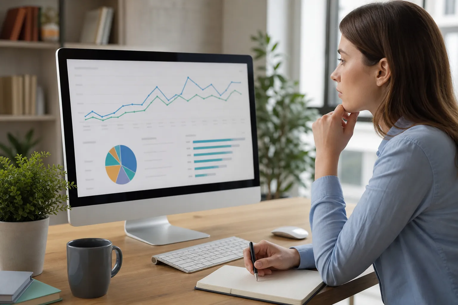 Healthcare marketer reviews website analytics charts on a desktop monitor while taking notes at an office desk.