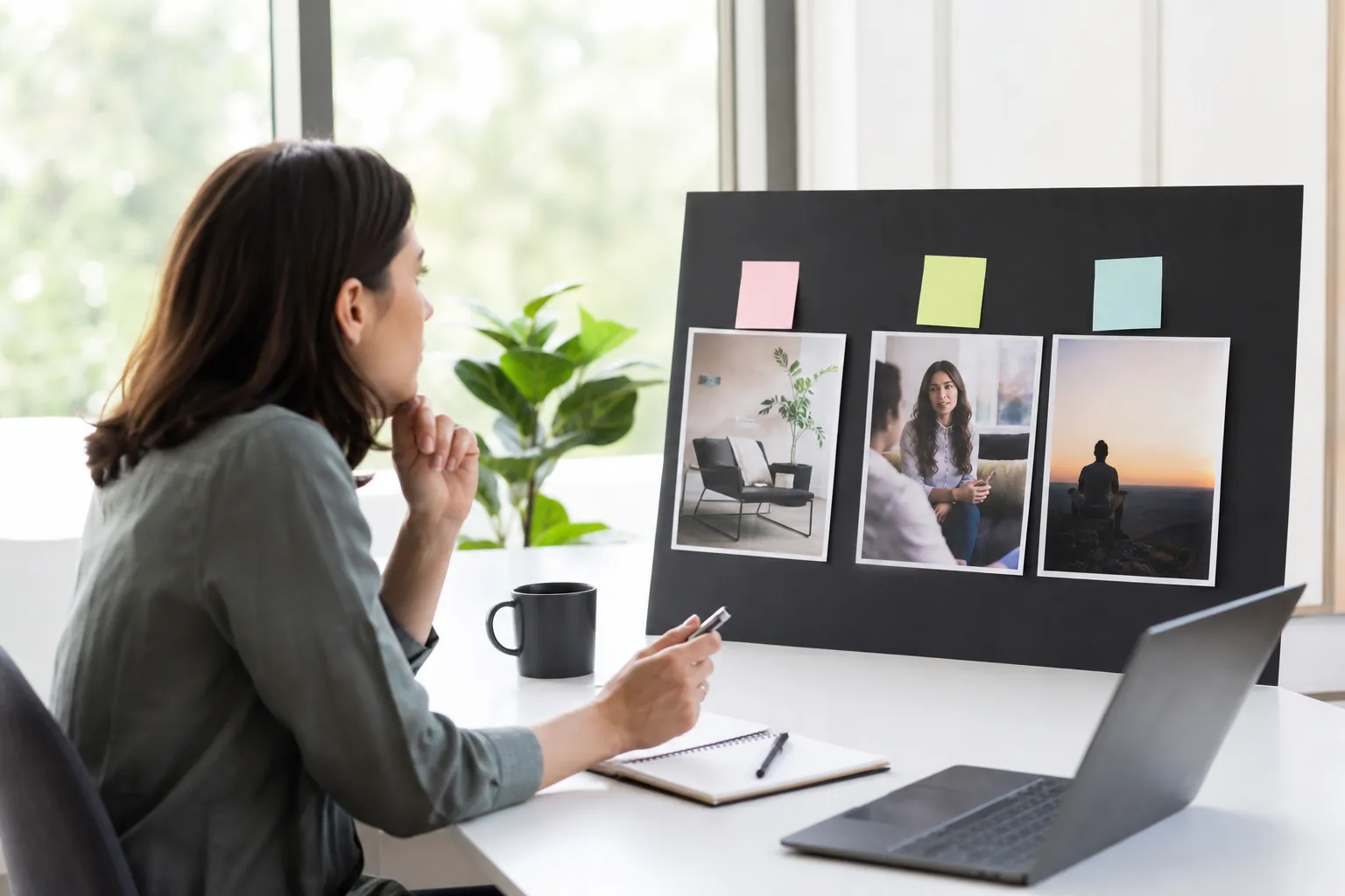 Planning Visuals for Depression Treatment Marketing Healthcare marketer reviews therapy, counseling office, and wellness photos on a planning board beside a laptop.