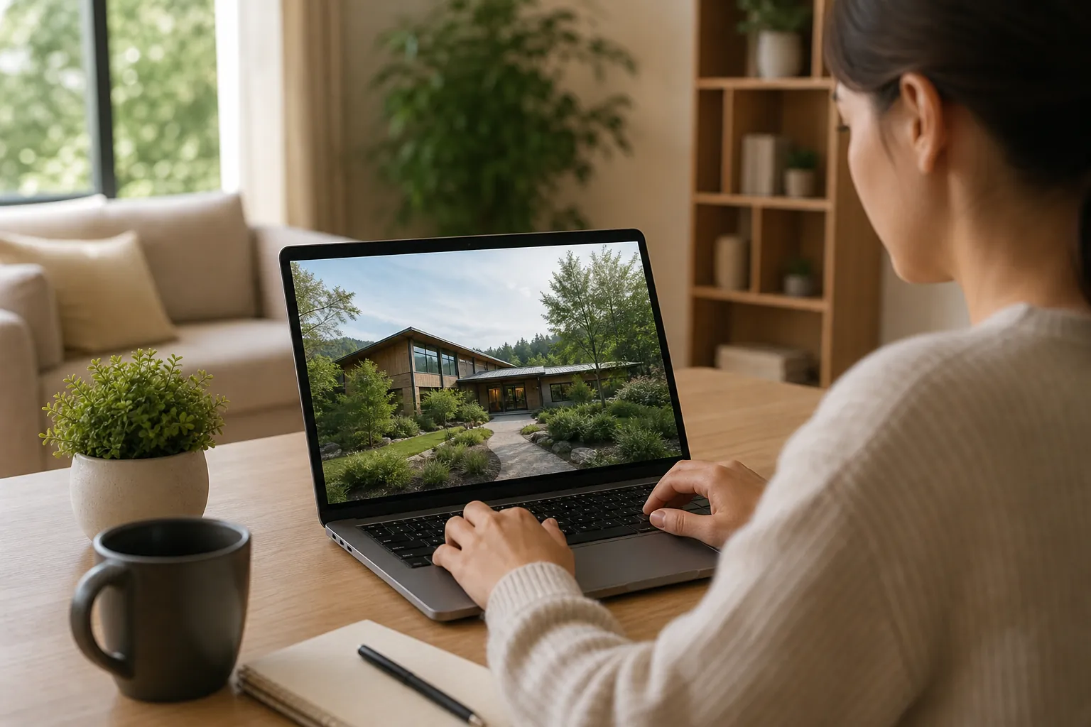 A woman uses a laptop displaying a landscaped modern building, seated at a wooden table with a mug, notebook, and plant.