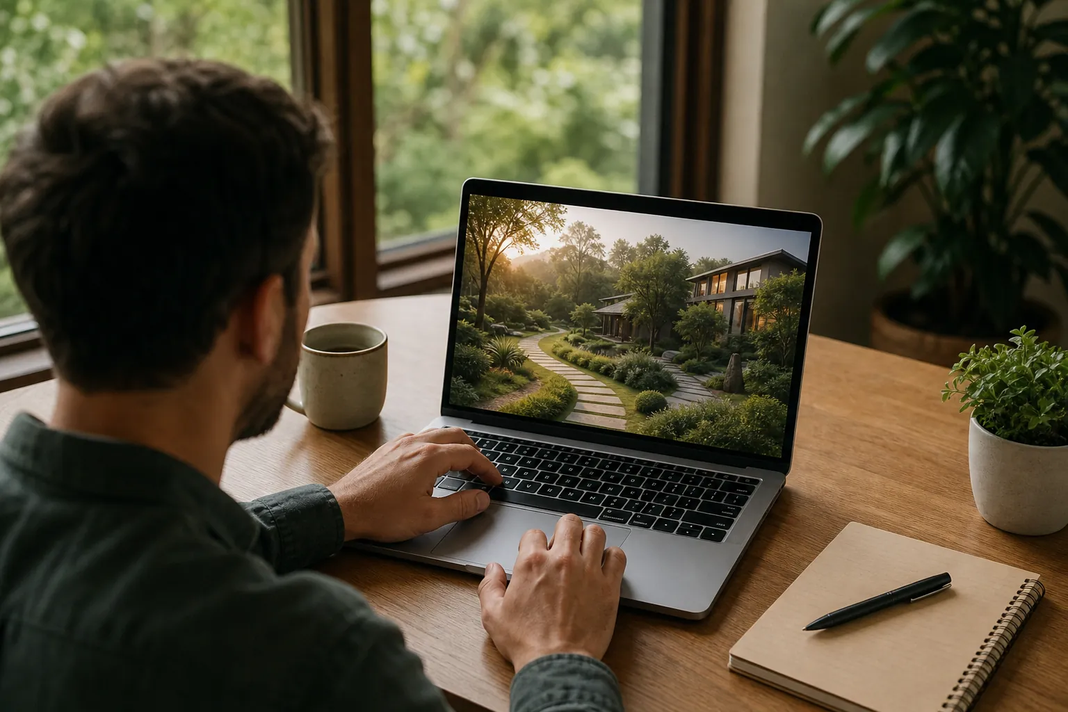 A man uses a laptop showing a landscaped building, with a mug, potted plant, notebook and pen on the wooden desk.