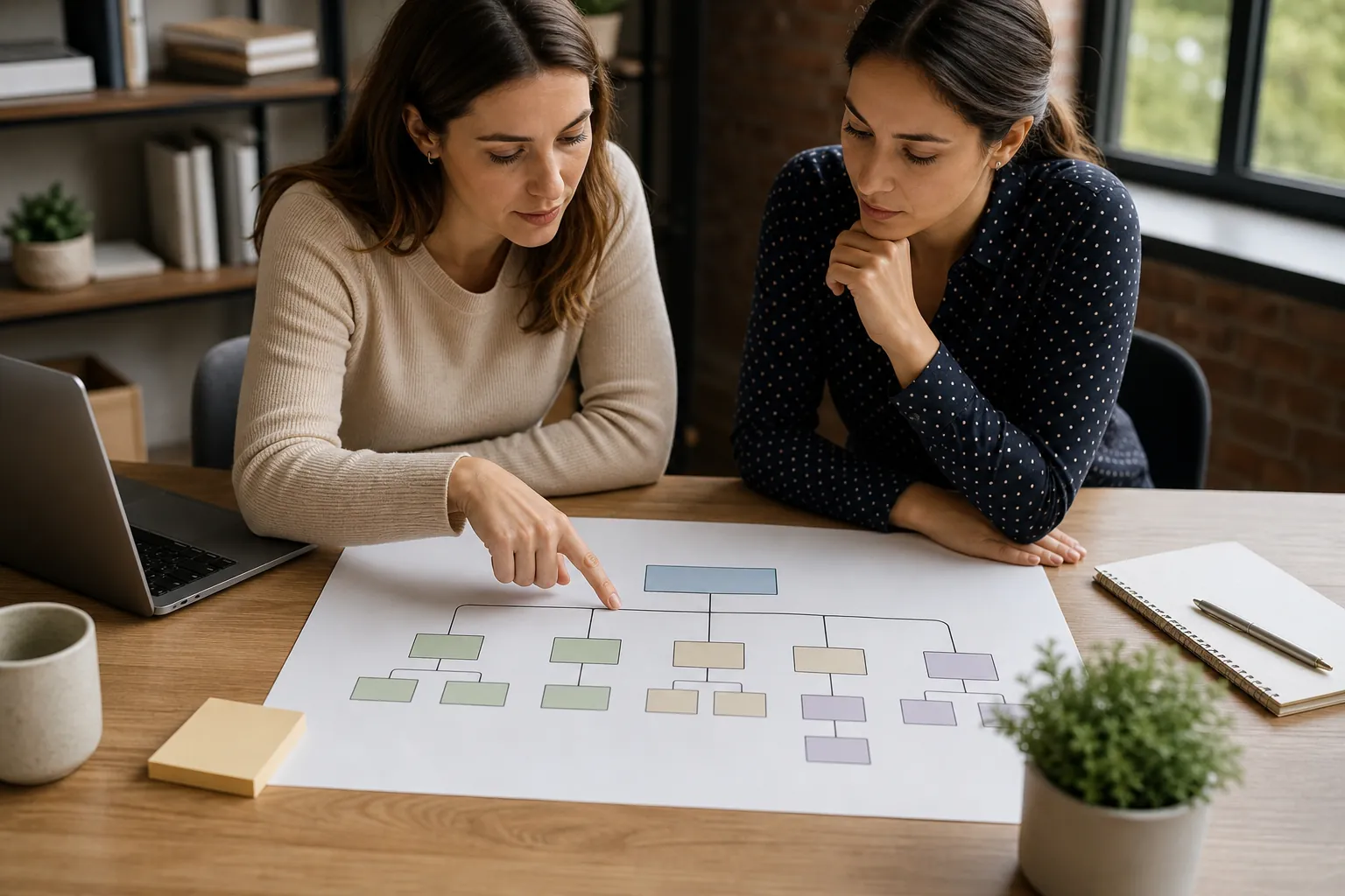 Two women look at an unlabeled branching diagram on a large sheet of paper, with one pointing to a connecting line, beside a laptop and notebook on a wooden table.