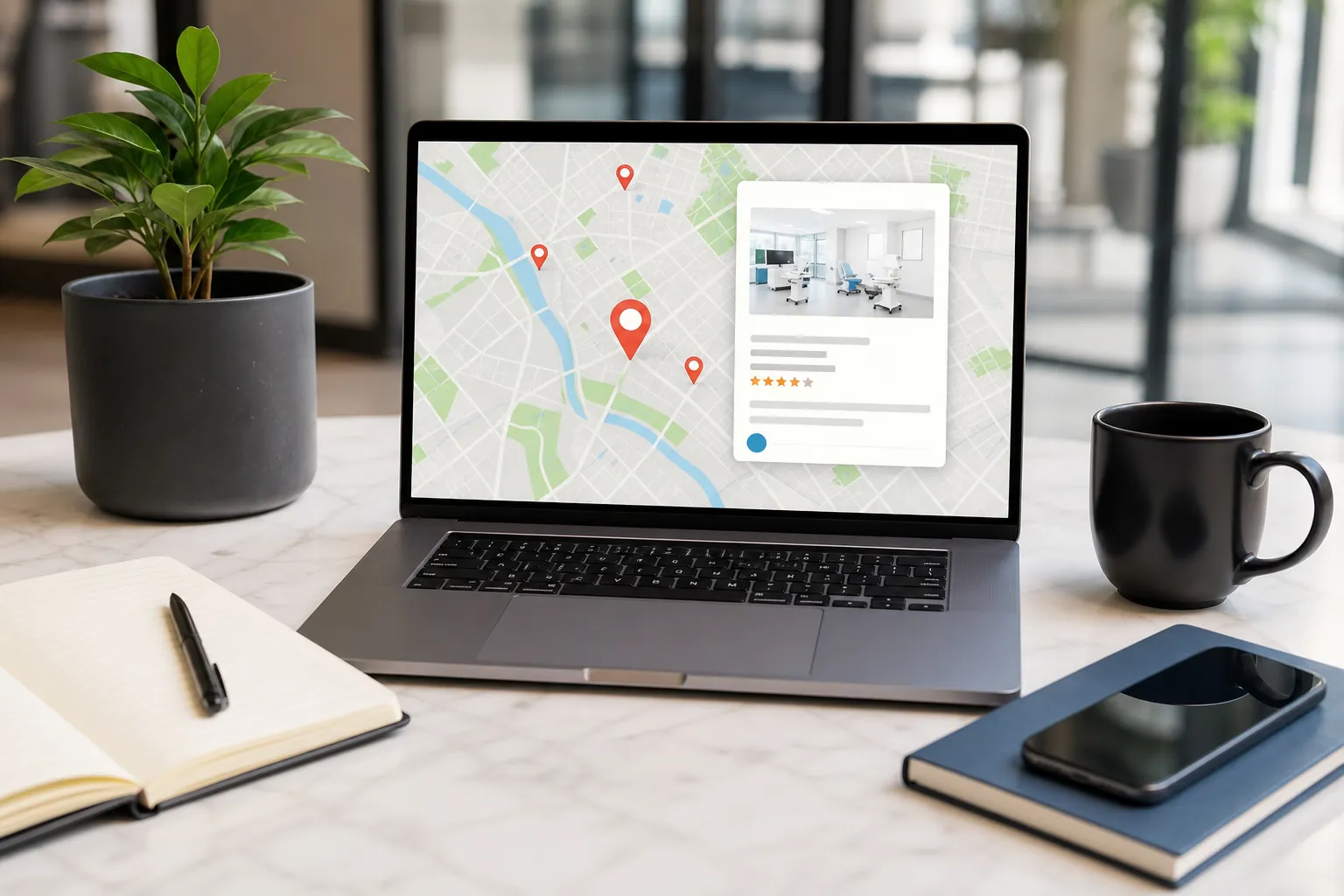 Laptop showing a map with red pins and a card containing a dental room image, beside a potted plant, black mug, open notebook and smartphone.