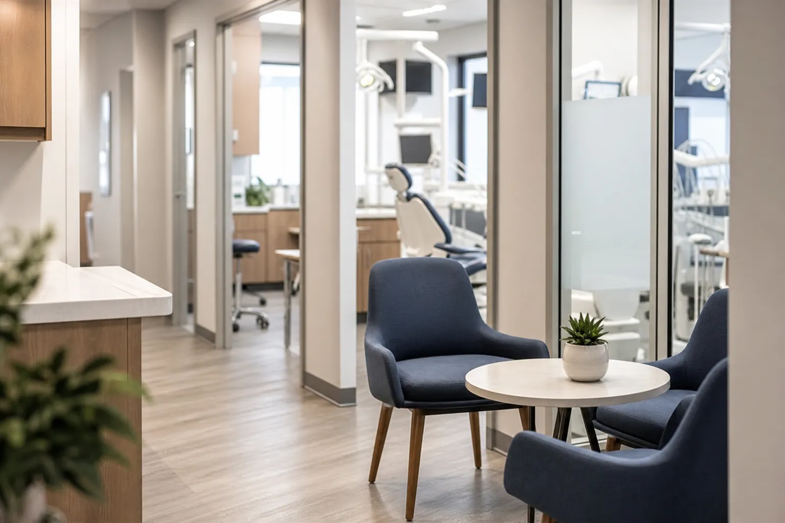 Blue upholstered chairs surround a round white table with a small potted plant, beside glass partitions revealing dental chairs and equipment.