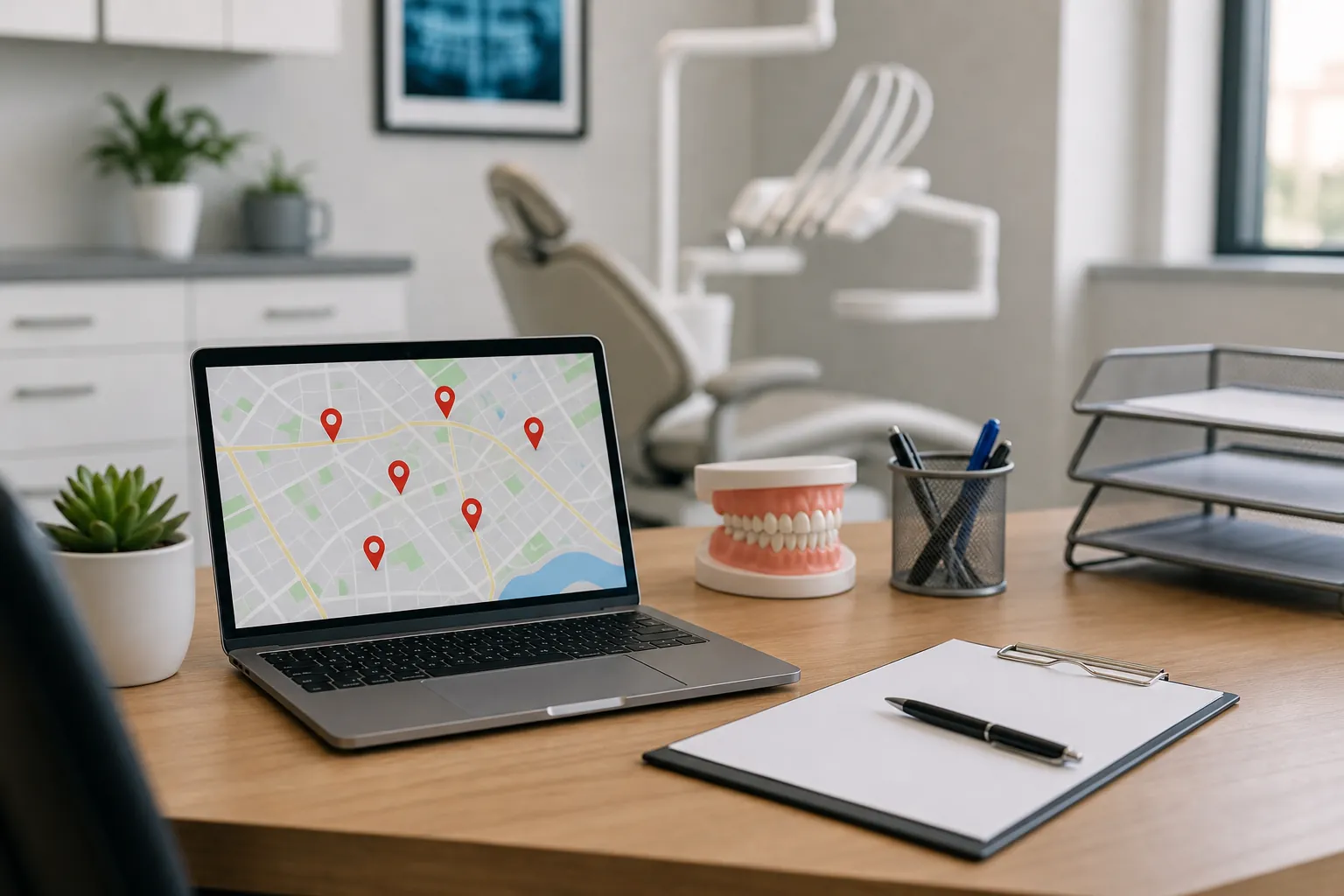 Laptop displaying a map with six red location pins on a dental office desk beside a tooth model and clipboard.