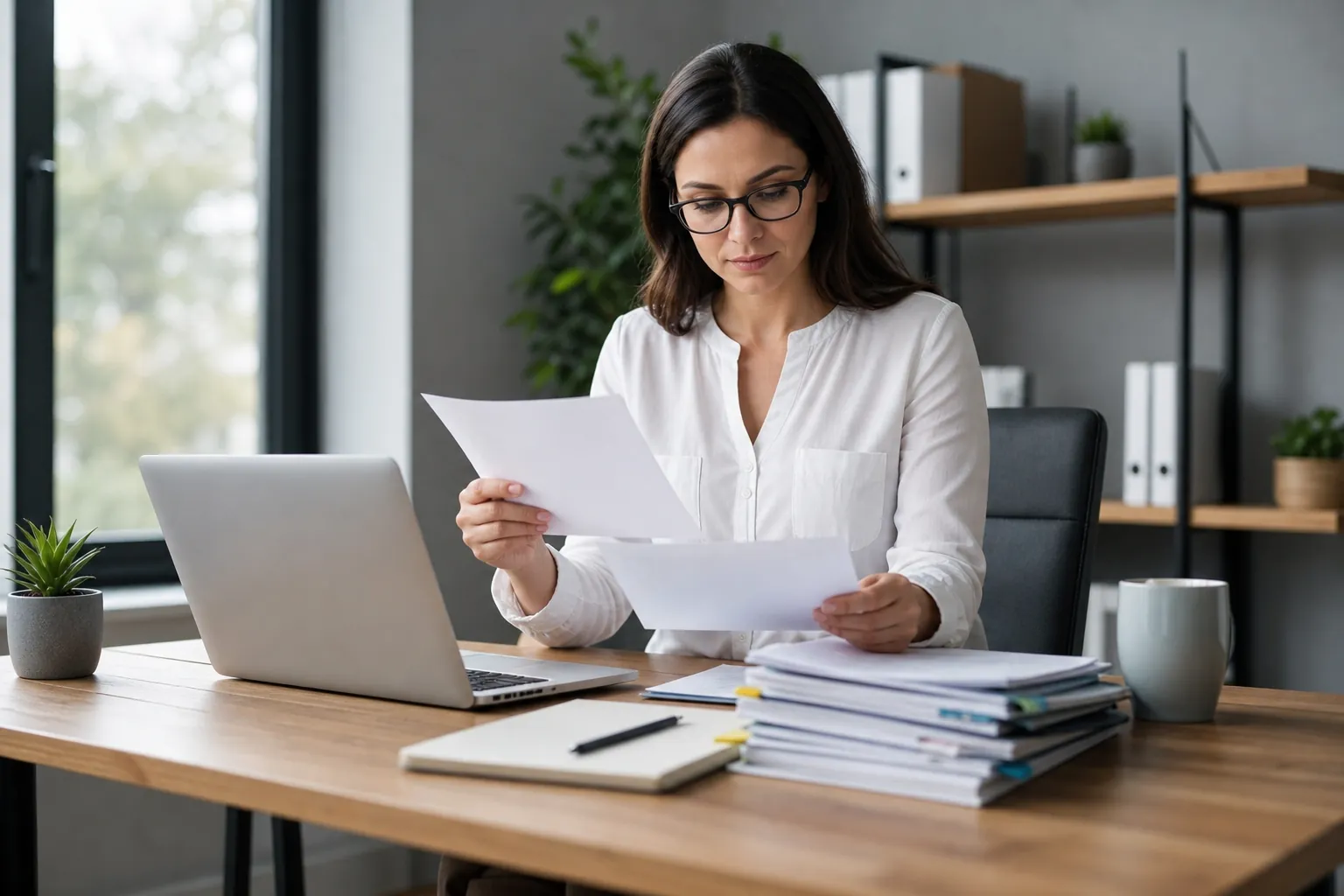 Reviewing Paperwork Before Starting a Cleanup A woman wearing glasses reviews papers at a wooden desk with an open laptop, stacked folders, a notebook, and a mug.