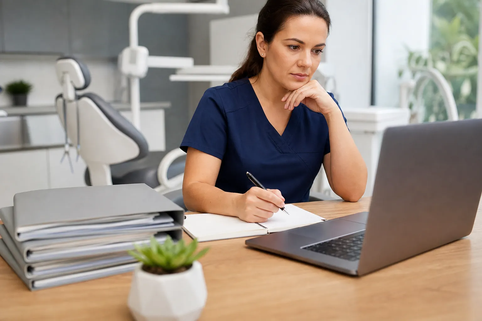 Dental Office Worker Reviewing a Laptop A woman in navy scrubs looks at a laptop while holding a pen over an open notebook in a dental office.