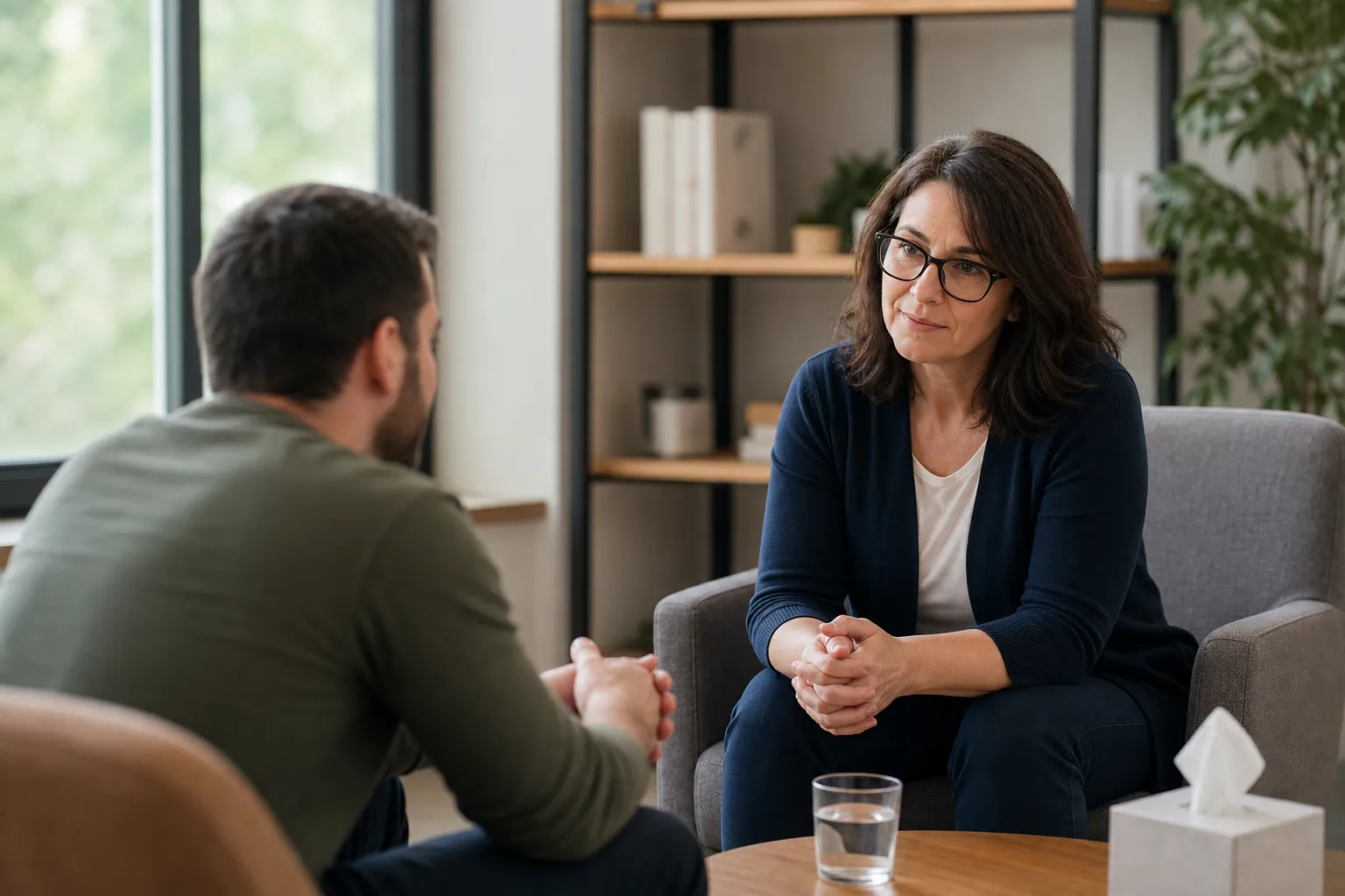 A therapist listens attentively to a man during a private counseling session in a comfortable office.