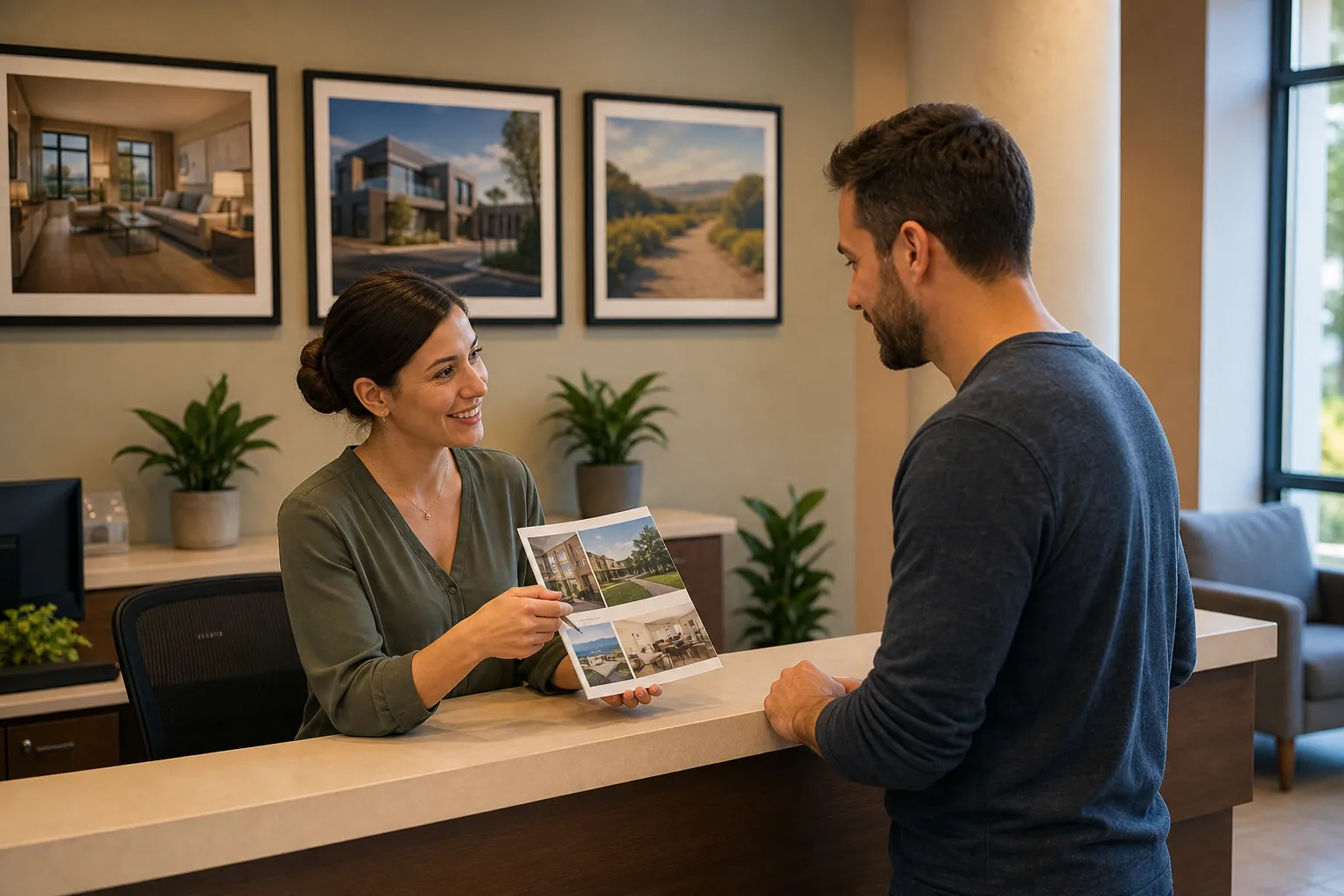 A receptionist shows a visitor printed photos of a facility at a reception desk, with framed property views behind them.