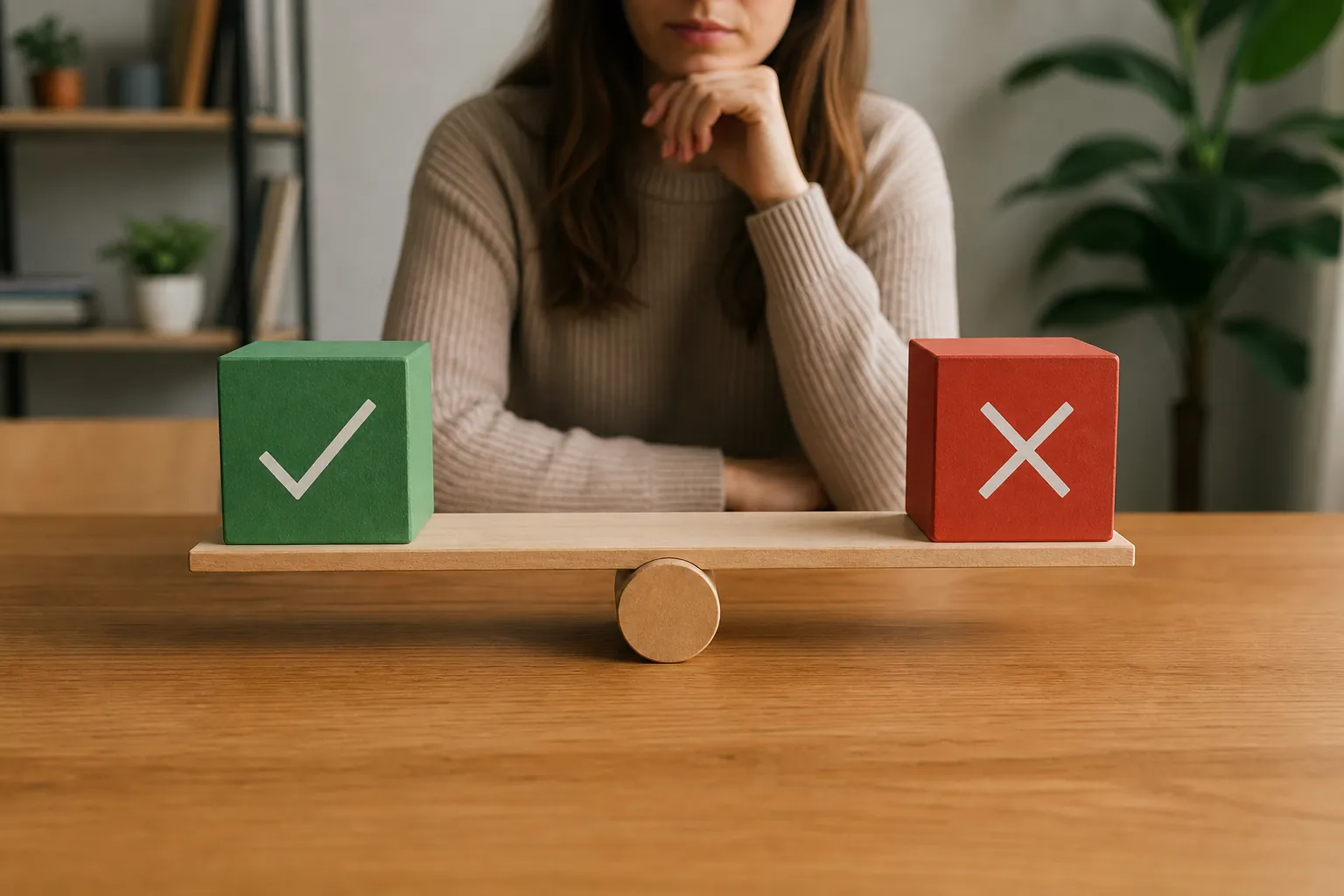Thoughtful woman behind a balance board holding green check and red X blocks, symbolizing benefits and limits.