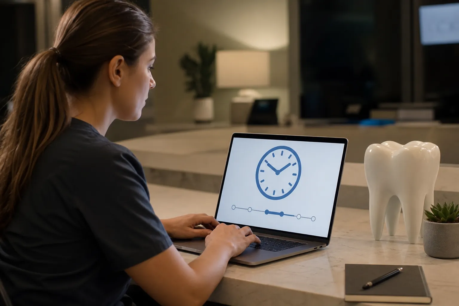 Woman in dark scrubs uses a laptop displaying a clock graphic beside a large tooth model on a reception counter.