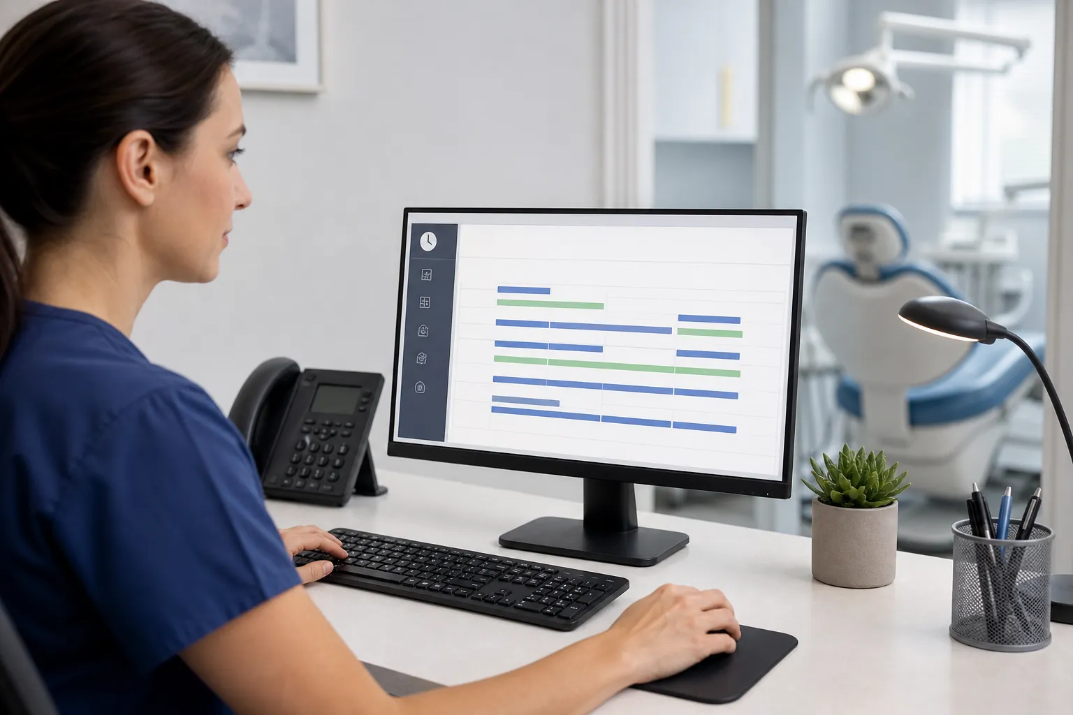 A woman in navy scrubs views a schedule chart on a desktop monitor, with a dental chair visible behind her workstation.