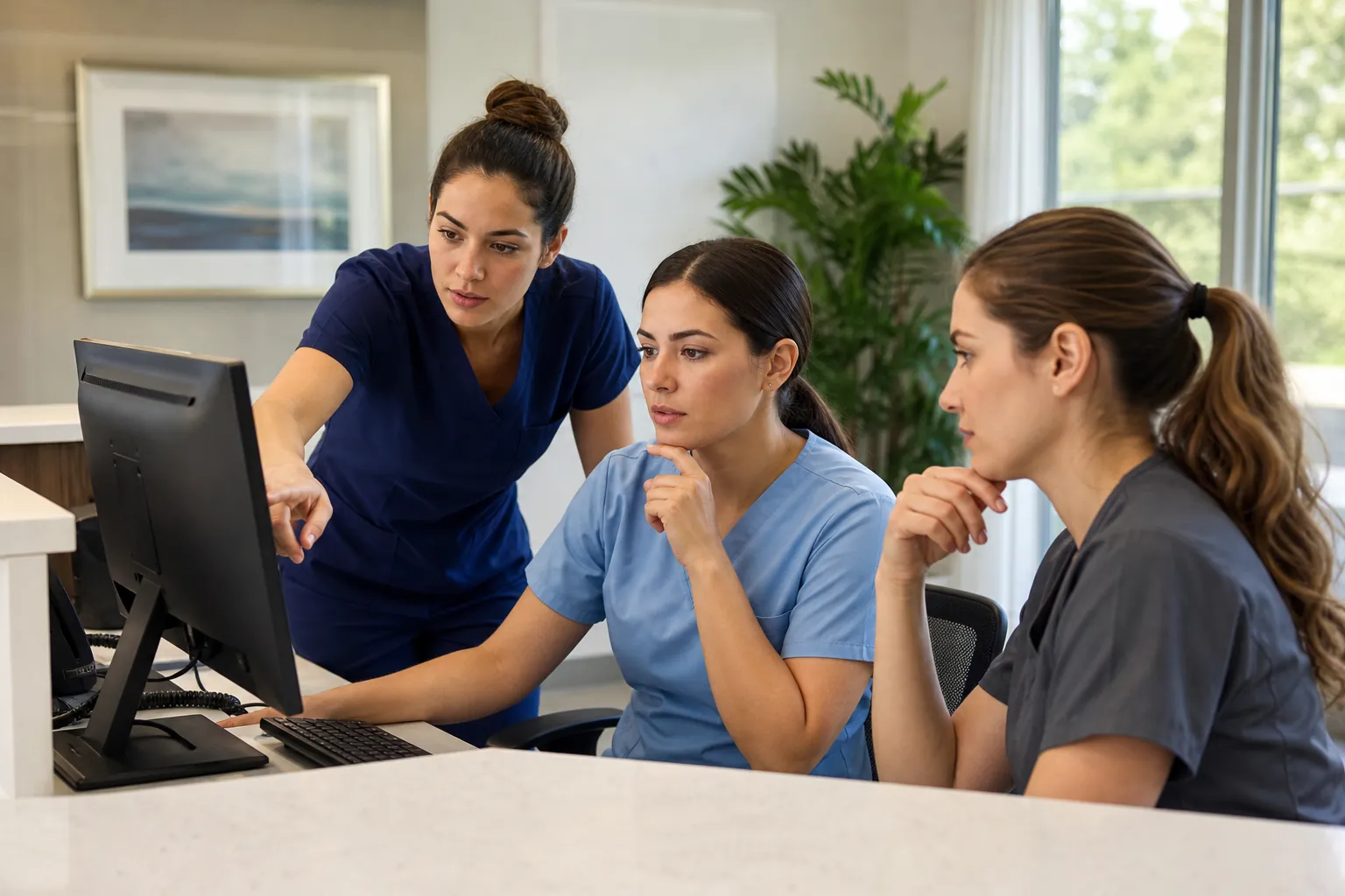 Three women in scrubs review a desktop computer at a reception counter, with one pointing toward the monitor.