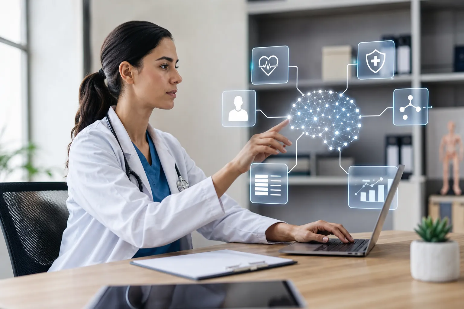 A doctor at a laptop points toward a glowing digital brain graphic connected to healthcare icons above her desk.