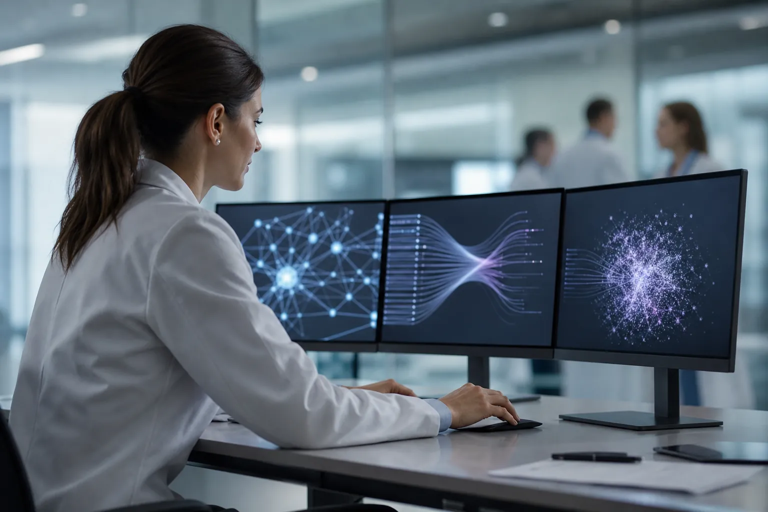 A woman in a white lab coat studies network visualizations on three monitors, with colleagues blurred behind glass.