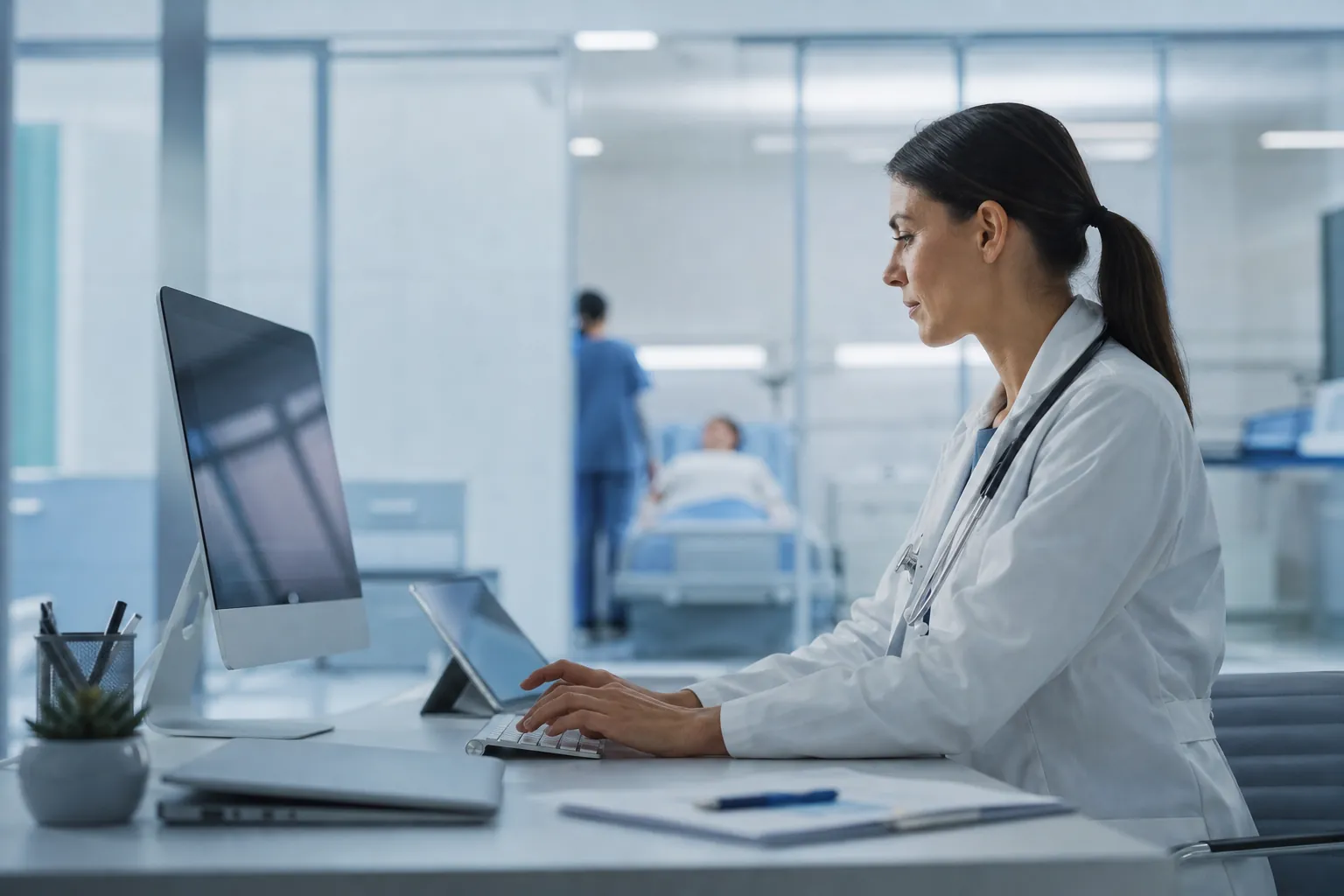 Doctor in a white coat types at a desktop computer, with a patient and another healthcare worker behind glass.