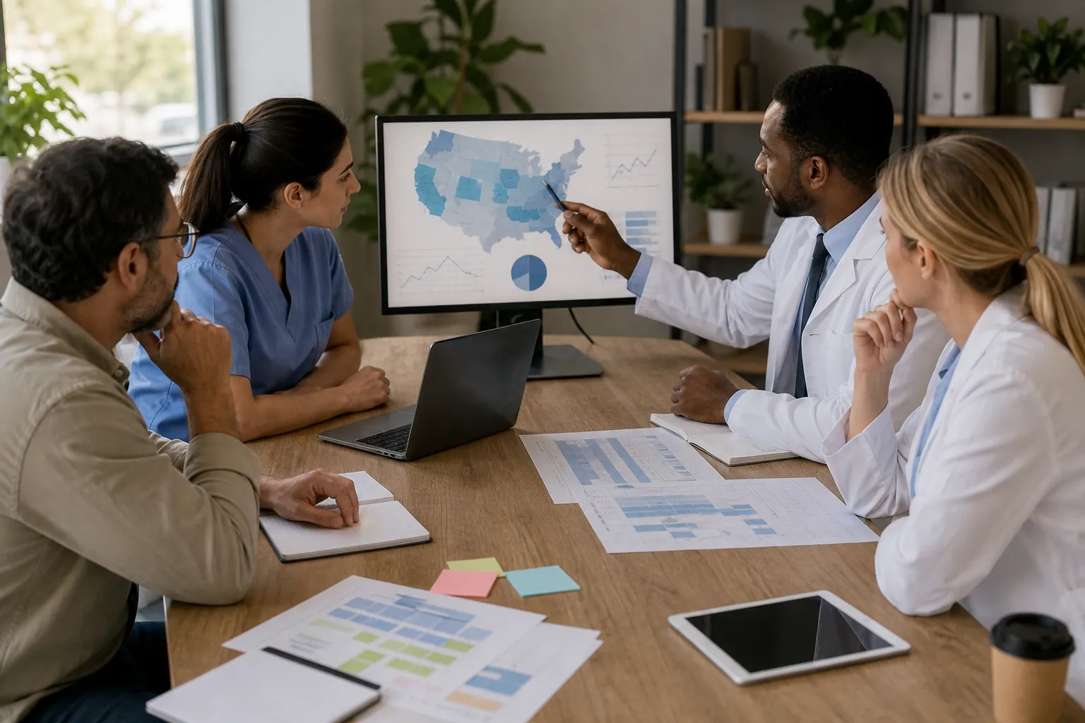 Four healthcare colleagues review a U.S. map and charts on a monitor, with a laptop and printed reports on the table.