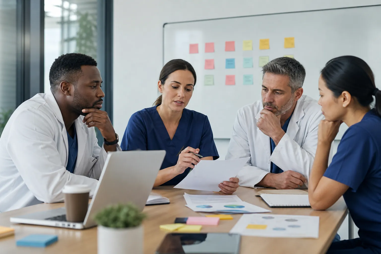 Four healthcare professionals review papers around a table with a laptop, charts, and sticky notes on a whiteboard.