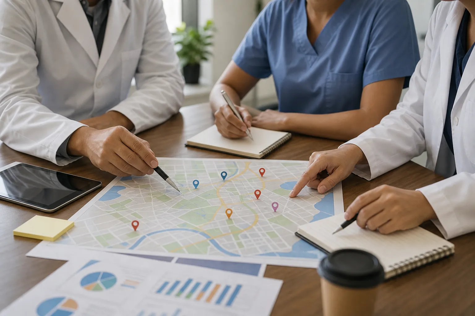 Three healthcare professionals review a map with colored location pins at a table with notebooks, charts, and a tablet.