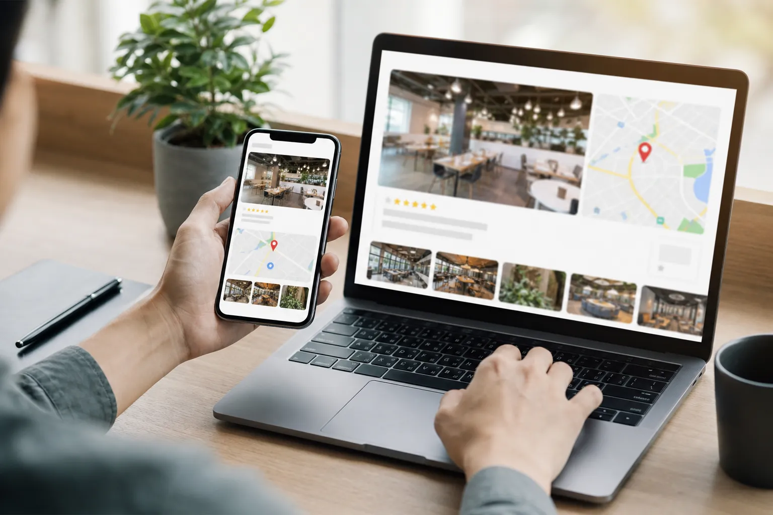 Person compares a local business listing with venue photos and map pins on a smartphone and laptop.