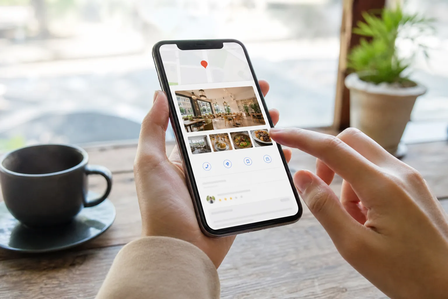 Hands browse a restaurant's local business profile and food photos on a smartphone beside a coffee cup.