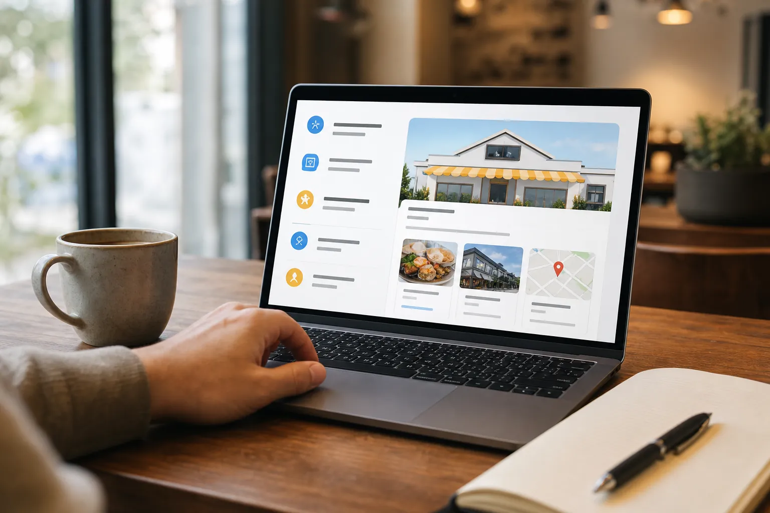 Person using a laptop displaying a business profile with storefront, product, property, and map cards.