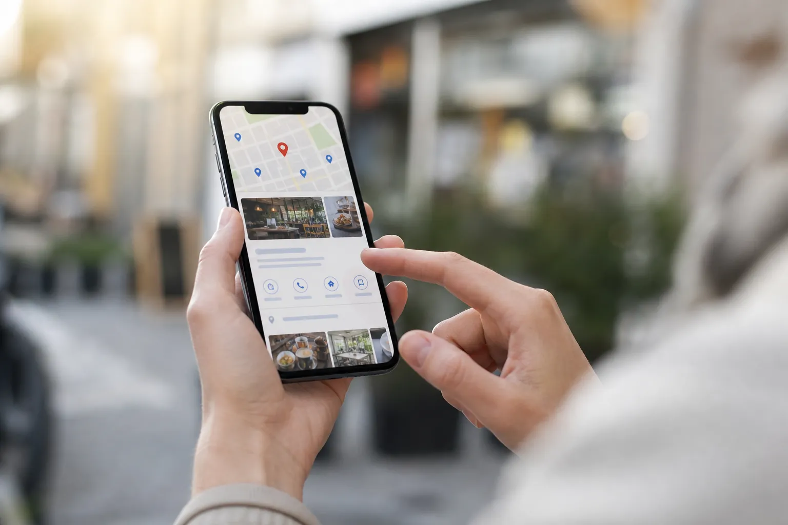 Browsing a local business profile on a smartphone Person holding a smartphone and browsing a local business listing with a map, location pins, photos, and action icons.