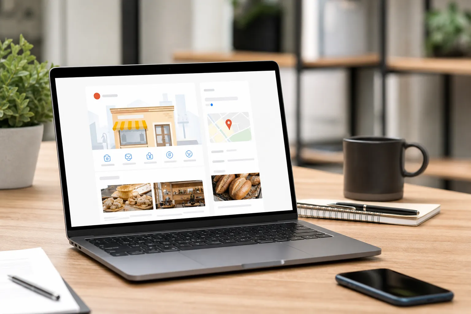 Local business profile and products displayed on a laptop Laptop displaying a local business profile with storefront, map pin, product photos, and business feature icons