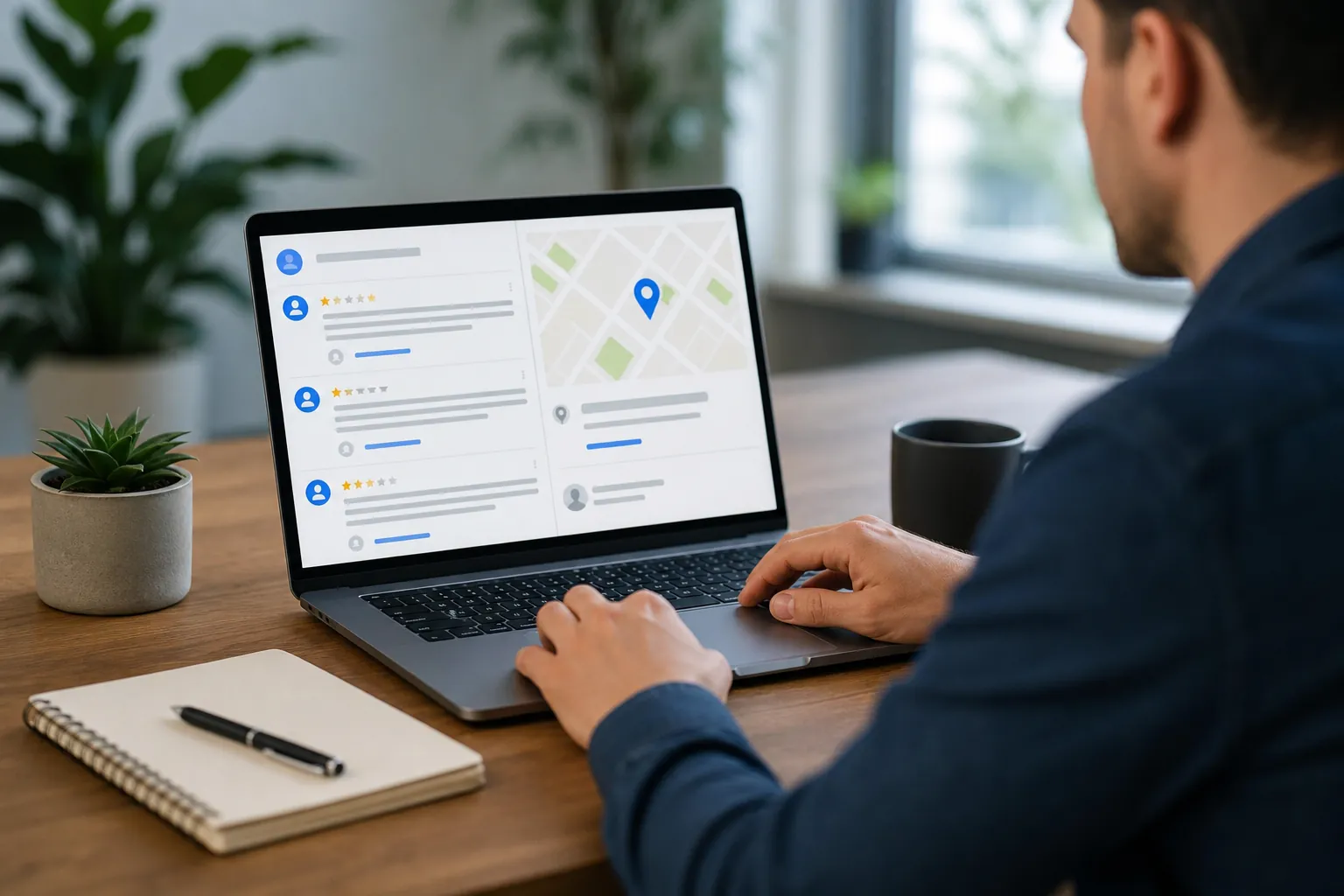 Man using a laptop displaying business reviews and a map beside a notebook, coffee mug, and potted plants.