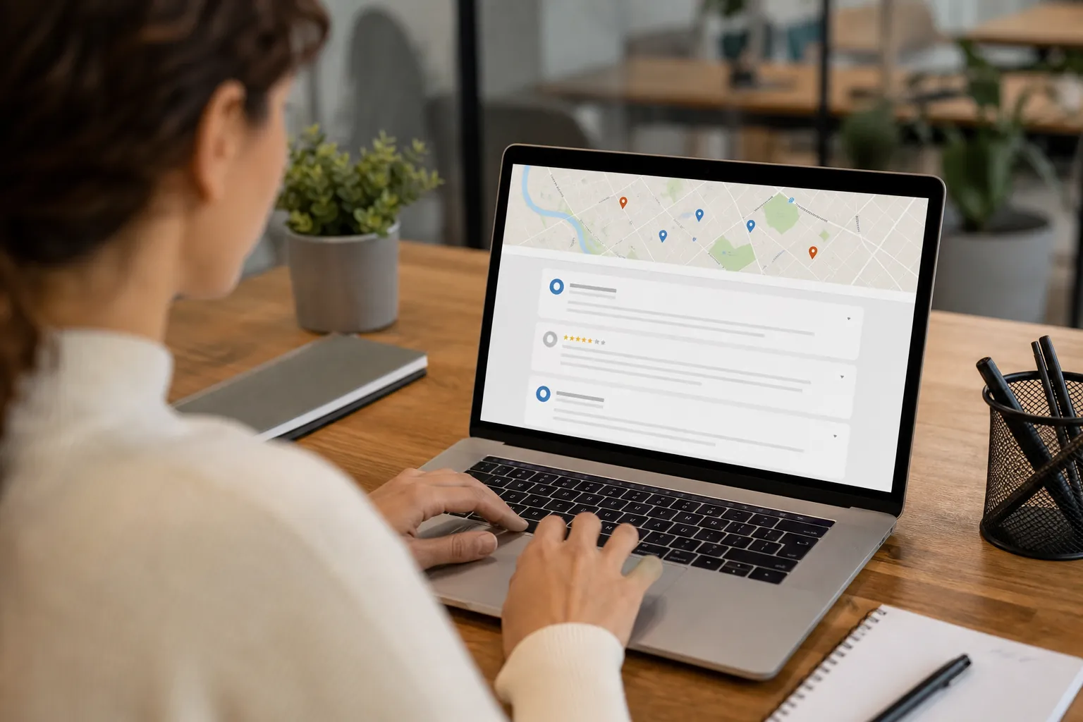 Reviewing Local Business Profiles and Map Listings Woman using a laptop displaying a map and local business profile entries with ratings at an office desk.