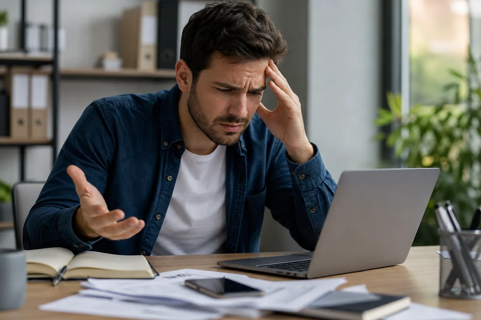 Frustrated man gestures at a laptop while working with papers, a notebook, and a phone at an office desk.