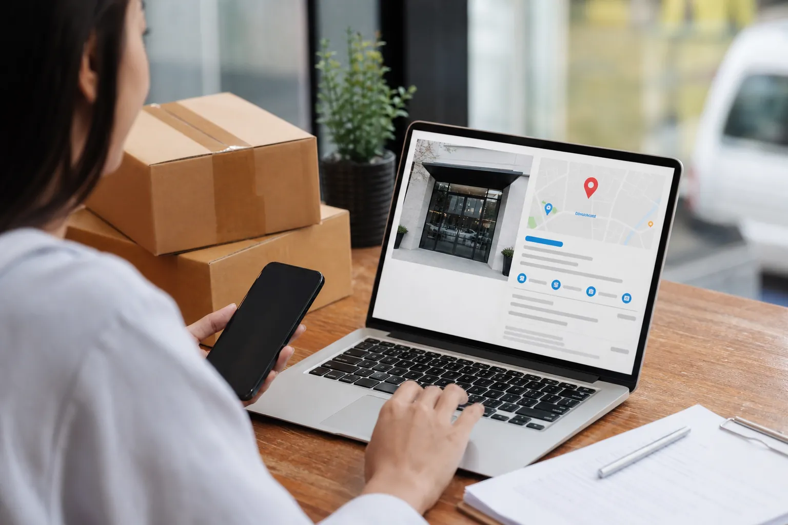 Business owner holding a phone beside parcels while viewing a storefront listing and map on a laptop.