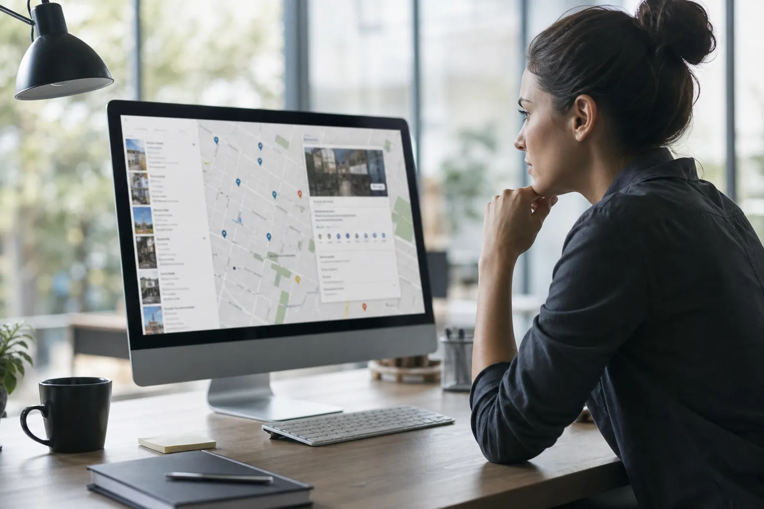 Woman at an office desk reviewing a business location and listing on a digital map displayed on a desktop computer.
