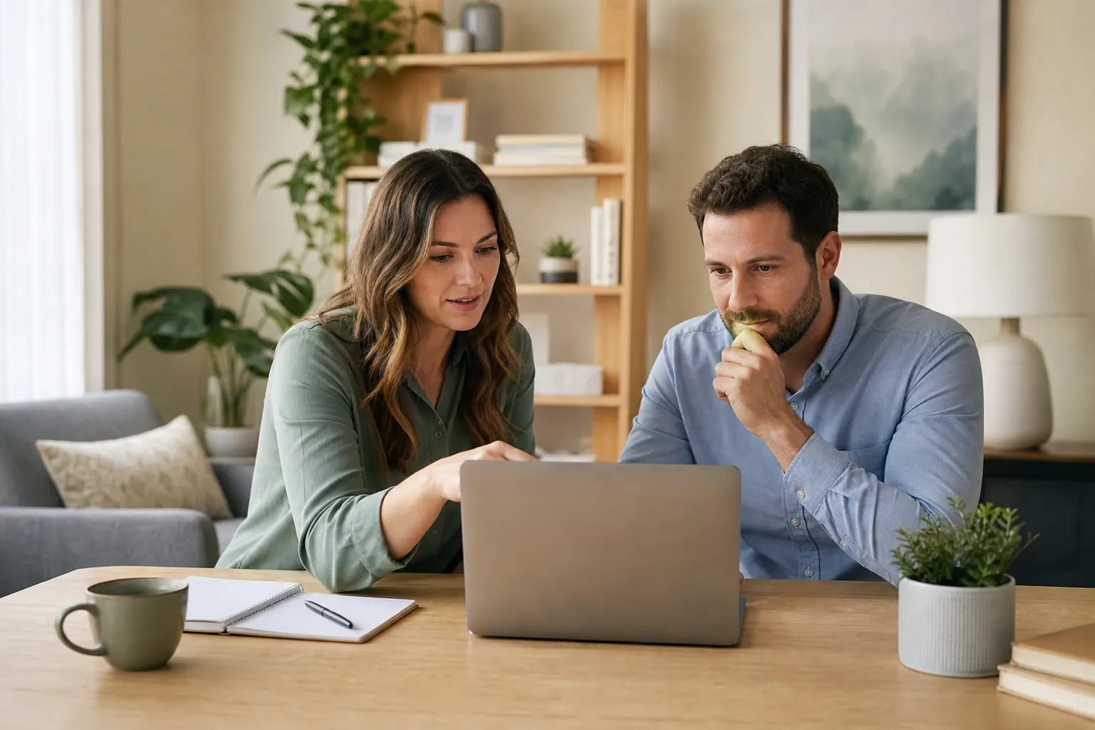 Two People Reviewing a Laptop in a Comfortable Office A woman and man review a laptop together at a wooden table with an open notebook, mug, and potted plant.